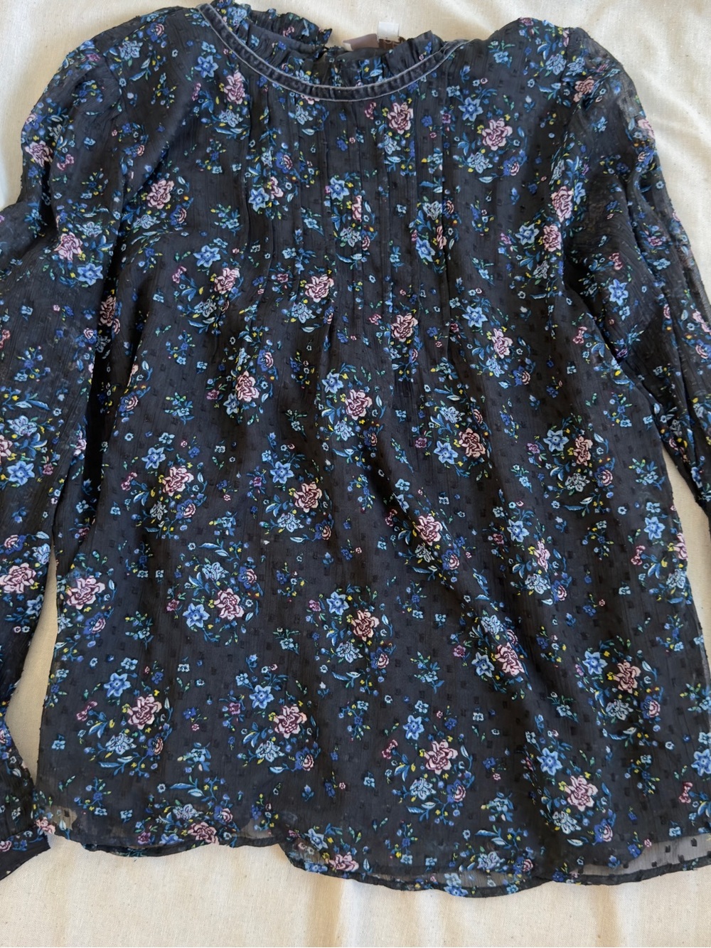LOFT Black Floral Pintuck Long-Sleeve Blouse with Blue & Pink Flowers